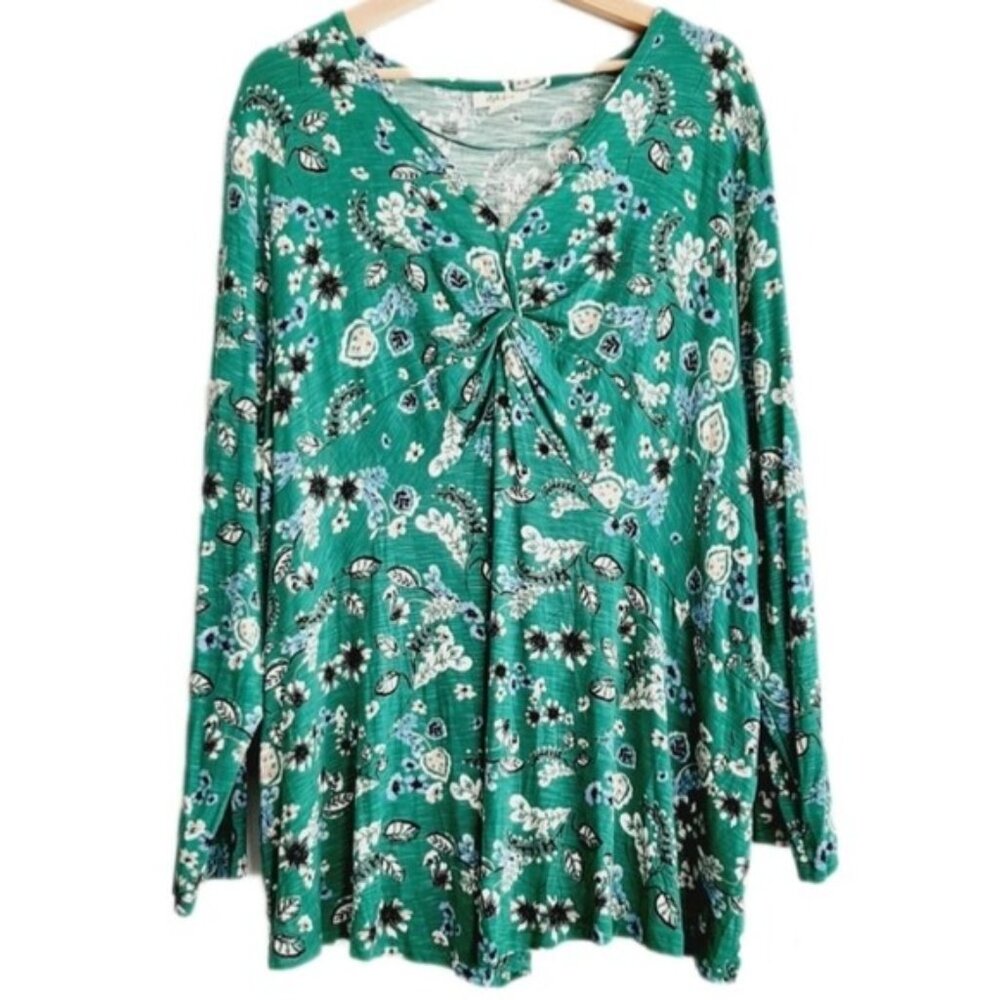 STYLE & CO. New - Green Floral Front Knot Long Sleeve Top  Sz 3X